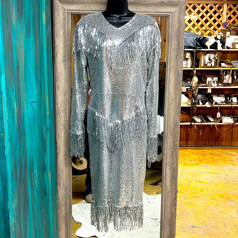L&B Silver Sequin Fringe Dress